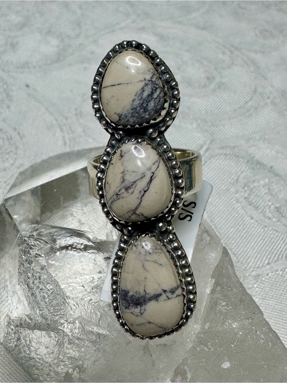 Southwestern Porcelain Jasper Triple Stone Sterling Silver Statement Ring - Picture 3 of 10